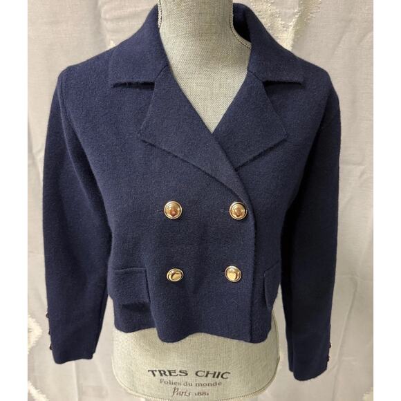 Zara Cropped Double Breasted Navy Wool Blend Blazer Jacket Utility Medium NWT - Picture 3 of 10